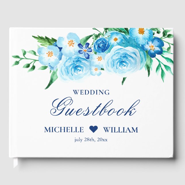 Livre D'or Elégante aquarelle bleu Floral blanc Mariage (Recto)