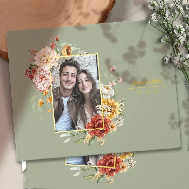 Livre D'or Elégante aquarelle Floral Mariage Photo Gold (Personalized watercolor floral wedding photo guestbook with gold foil. Elegant wedding keepsake.)