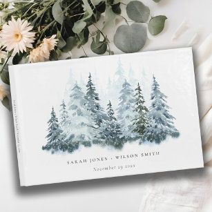 Livre D'or Elégante aquarelle neige hiver Mariage de pin