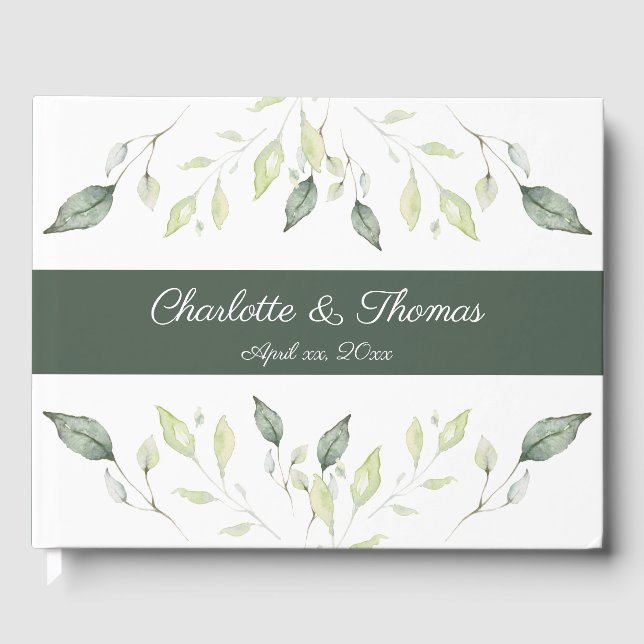 Livre D'or Elégante aquarelle verte Feuille Mariage (Recto)