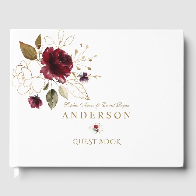 Livre D'or Élégante Bourgogne Gold Flowers Monogram Mariage (Recto)