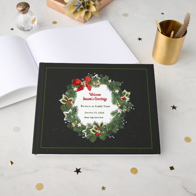 Livre D'or Élégante couronne de Noël Florale Personnaliser (Recto ouvert)
