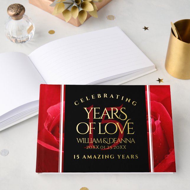 Livre D'or Élégante fête du 15e anniversaire du Mariage Rose (Elegant 15th Rose Wedding Anniversary Guest Book Cover Photo)
