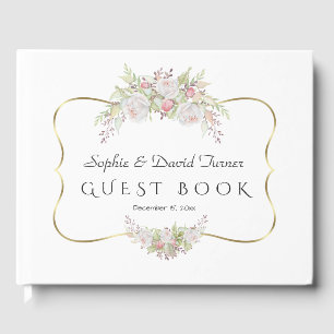 Livre D'or Elégante Fleurs blanches Gold Mariage bleu marine