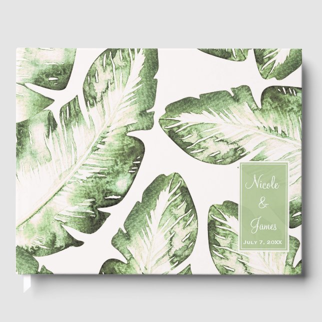 Livre D'or Elégante White Green Tropical Beach Feuille Mariag (Recto)