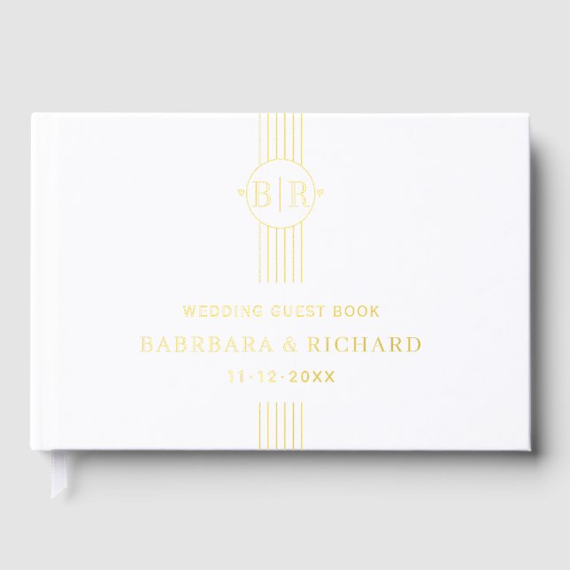 Livre D'or Élégantes rayures et initiales blanche mariage (Recto)