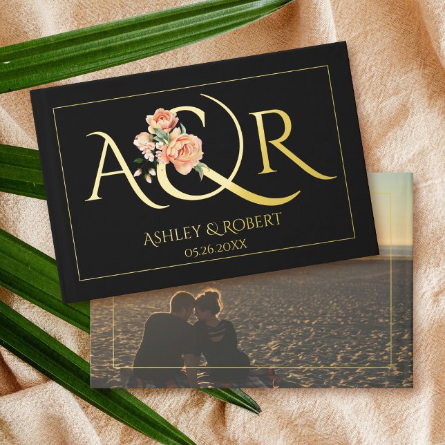 Livre D'or Élégants initiales, pêche rose mariage photo noir (Créateur téléchargé)