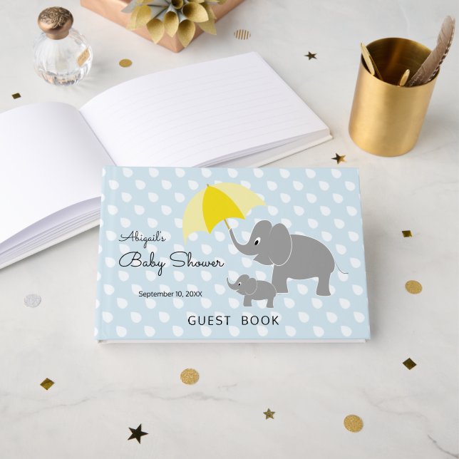 Livre D'or Eléphant & Bébé, Parapluie, Baby shower Bleu (Recto ouvert)