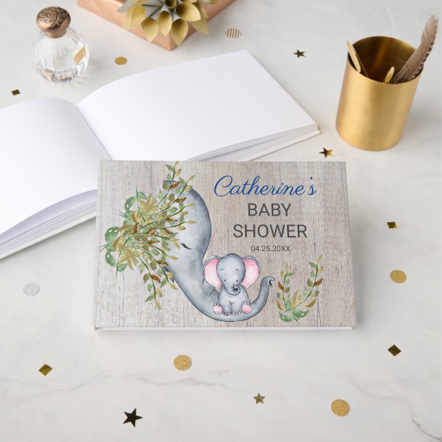 Livre D'or Eléphant doux Baby shower floral rustique (Recto ouvert)