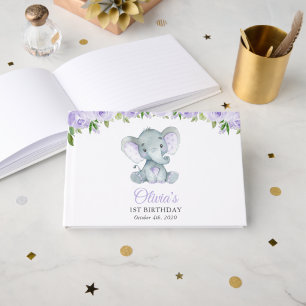 Livre D'or Éléphant Mignon, Fleurs Violettes, Premier Anniver