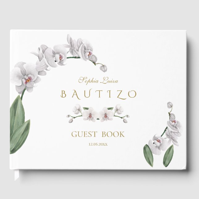Livre D'or Espagnol Unique Fleurs d'Orchidée Blanche Bautizo (Recto)