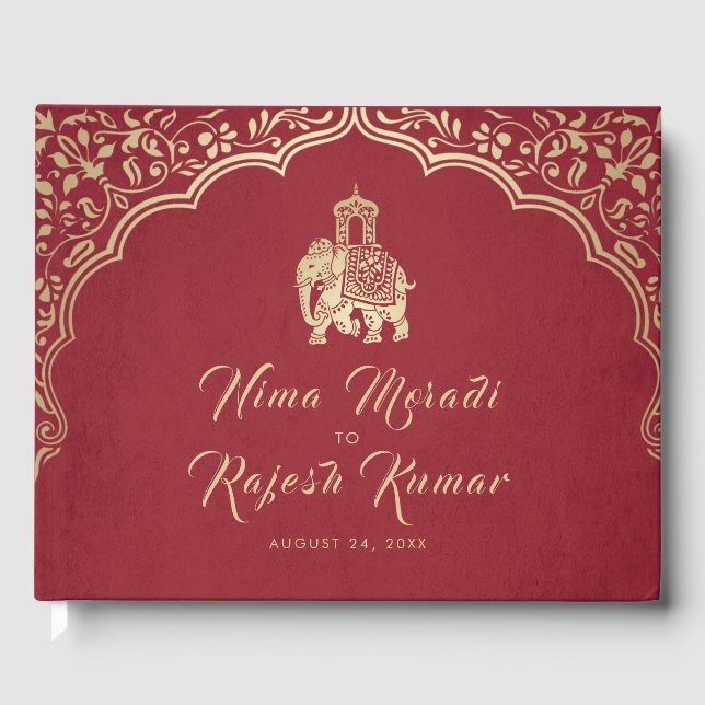 Livre D'or Faire-part de mariage Indien, Rouge, Or, Ganesha (Recto)