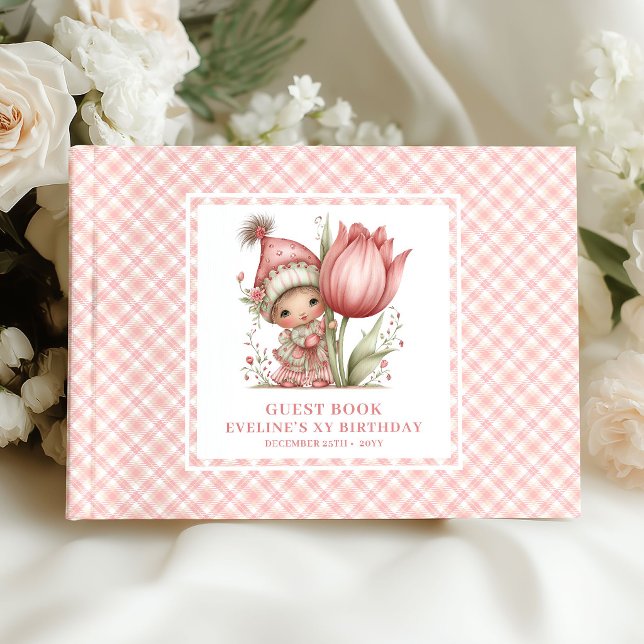 Livre D'or Fée Fille 1er Anniversaire Rouge Floral Rose Invit (Fairy Girl 1st Birthday Blush Floral Pink Guestbook)