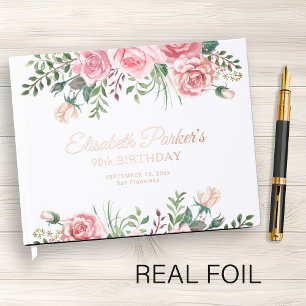 Livre D'or Fête élégante de 90 ans avec fleurs roses pastel