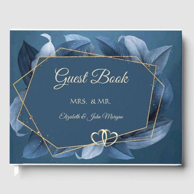 Livre D'or Feuilles Bleues Cadre Doré (Recto)