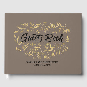 Livre D'or Feuilles d'or avec texte noir sur Mariage Taupe