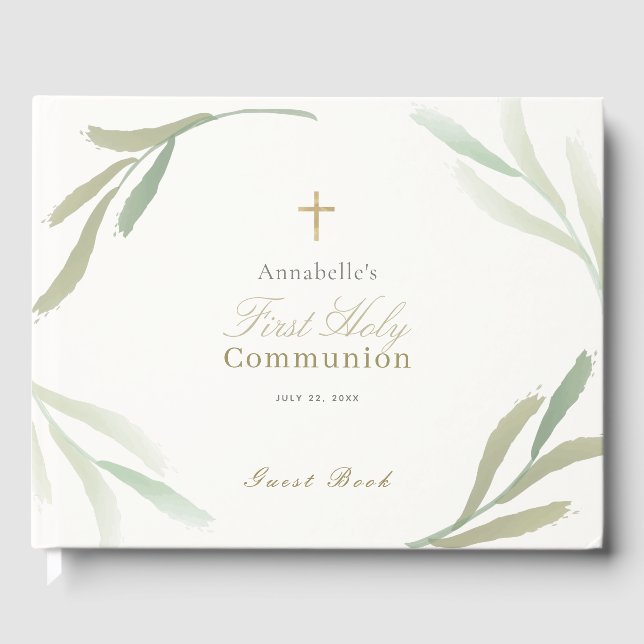 Livre D'or Feuilles vertes naturelles Première communion sain (Recto)