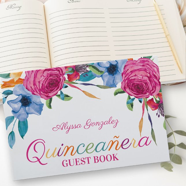 Livre D'or Fiesta Flowers Blanche et rose Floral Quinceanera (Guest Book from my Fiesta Flowers Quinceanera Collection)