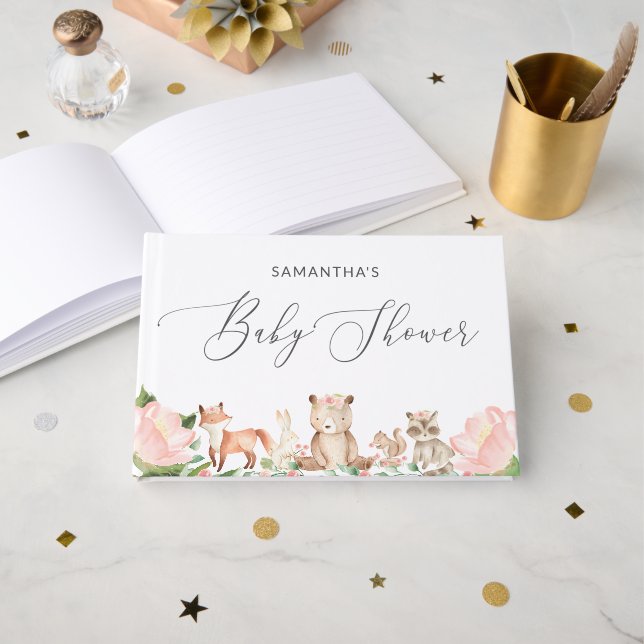 Livre D'or Fille mignonne Bois Animaux Baby shower rose (Recto ouvert)