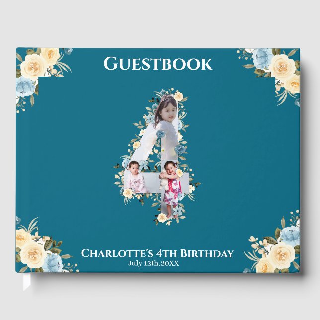 Livre D'or Fleur 4e anniversaire Turquoise photo Collage bleu (Recto)