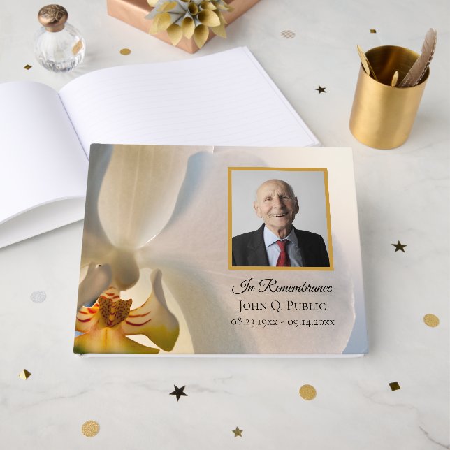 Livre D'or Fleur d'orchidée blanche Fête de la vie funéraire (Recto ouvert)