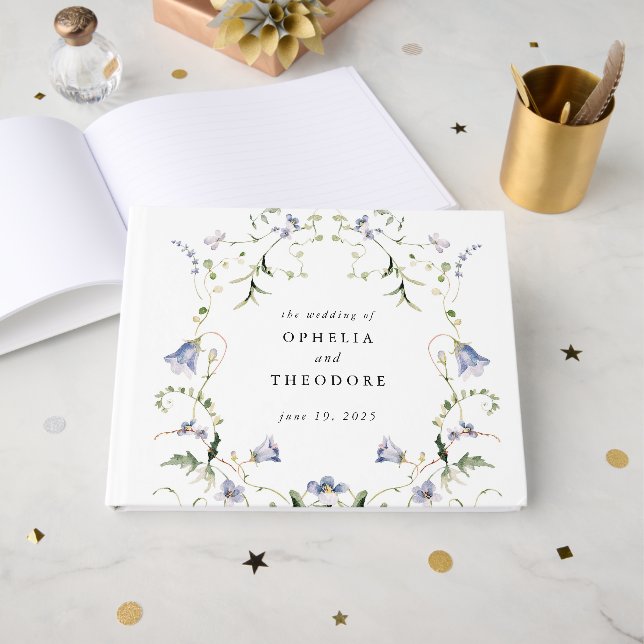 Livre D'or Fleur sauvage bleu aquarelle Mariage Monogramme (Recto ouvert)