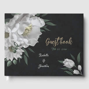 Livre D'or fleurs blanches romantiques & feuilles verts noir