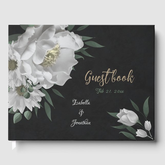 Livre D'or fleurs blanches romantiques & feuilles verts noir (Recto)