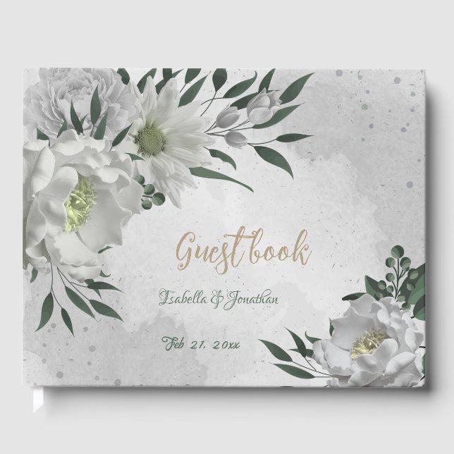 Livre D'or fleurs blanches romantiques & mariage feuille vert (Recto)