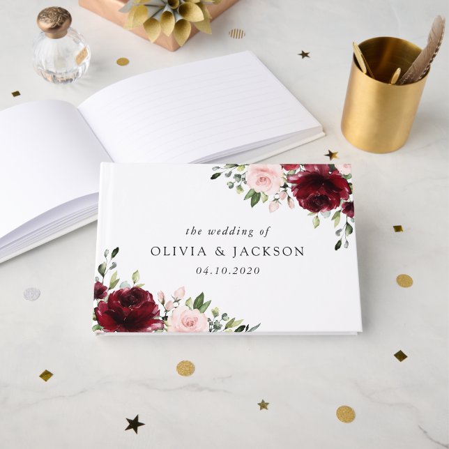 Livre D'or Fleurs Bourgogne, Fleurs roses, Verdure, Mariage (Recto ouvert)