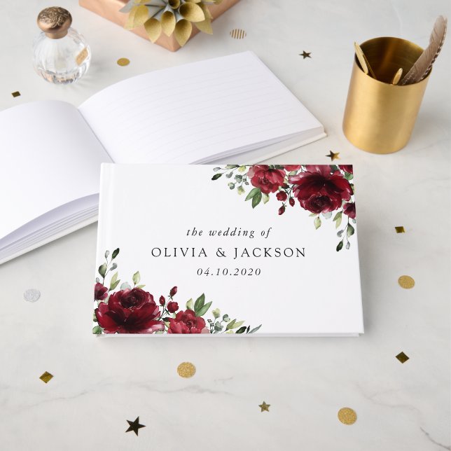 Livre D'or Fleurs Bourgognes, Fleurs rouges, Mariage Floral (Recto ouvert)