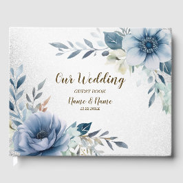 Livre D'or Fleurs d'Aquarelle bleu Dusty Silver Elégant