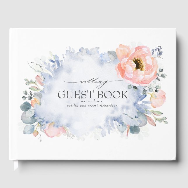 Livre D'or Fleurs d'aquarelle de pêche Mariage bleu foncé (Recto)