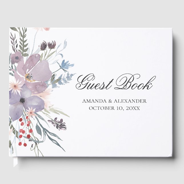 Livre D'or Fleurs d'aquarelle violet. Mariage floral lavande (Recto)