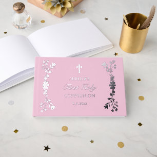Livre D'or Fleurs d'argent sur la première communion rose