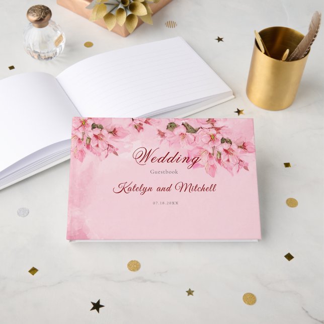 Livre D'or Fleurs de cerisiers roses Mariage de printemps (Recto ouvert)