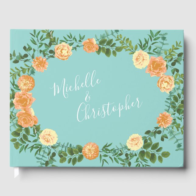 Livre D'or Fleurs de mariage Aqua Peach Roses (Recto)