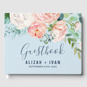 Livre D'or Fleurs de pivoines romantiques Mariage bleu clai