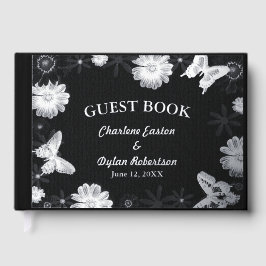 Livre D'or Fleurs d'huile d'argent et papillons Mariage noir