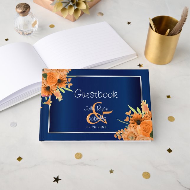 Livre D'or Fleurs orange sur bleu marine (Recto ouvert)