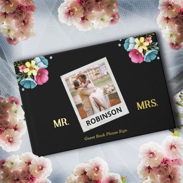 Livre D'or Fleurs Photo mariages Or Élégant Personnaliser (Wedding Photo Flowers Gold Elegant Personalize Guest Book for your guest to sign on your special day)