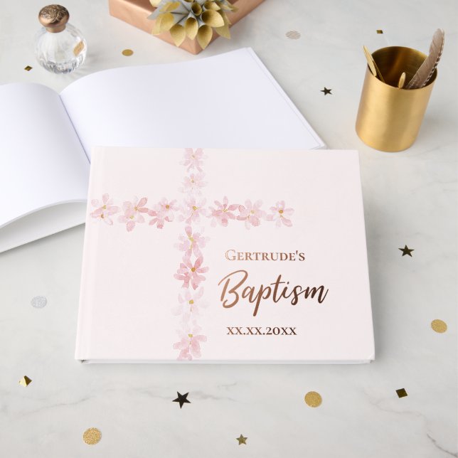 Livre D'or fleurs roses Croix Baptême (Recto ouvert)