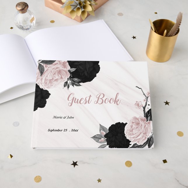 Livre D'or fleurs roses et noires marbre botanique gris (Recto ouvert)