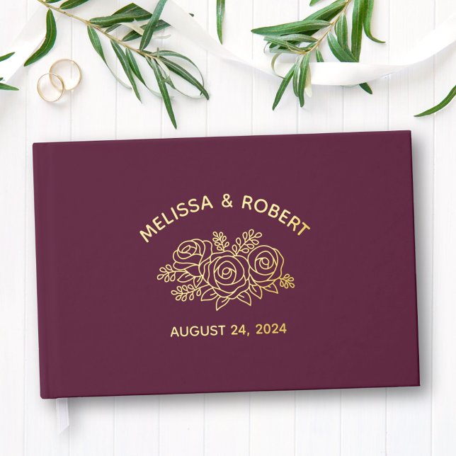 Livre D'or Fleurs Roses Gold Foil sur Mariage Bourgogne (Créateur téléchargé)