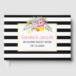Livre D'or Fleurs roses, rayures modernes mariage à fleurs