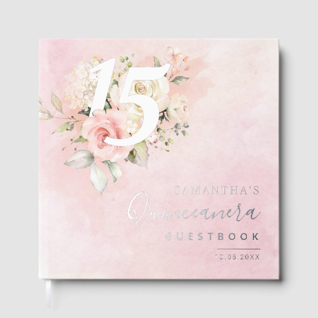 Livre D'or Floral 15 Anniversaire Fête Argent Script (Recto)