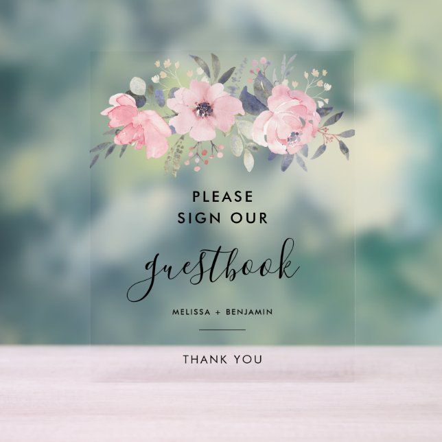 Livre d'or Floral Script rose Aquarelle Mariage (Neutre)