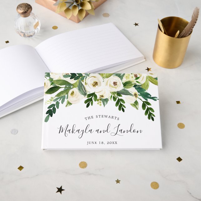 Livre D'or Floral Verdure Roses blanches Mariage élégant (Recto ouvert)
