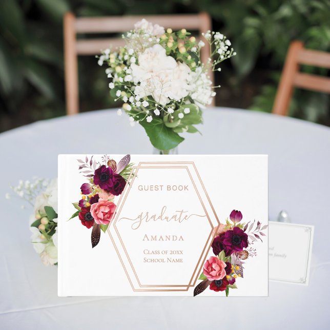 Livre D'or Floraux bordeaux géométriques d'or rose Graduation (Créateur téléchargé)
