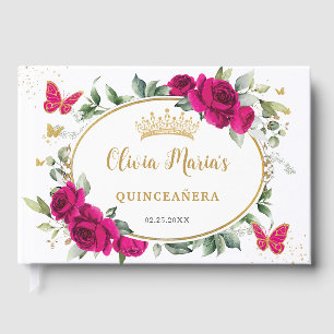 Livre D'or Fuchsia Rose Fleur Papillon Or Quinceanera 15